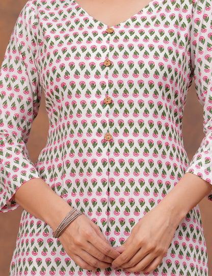 Floral buta motifs Hand-Block Printed A-Line Kurta Set - HL157