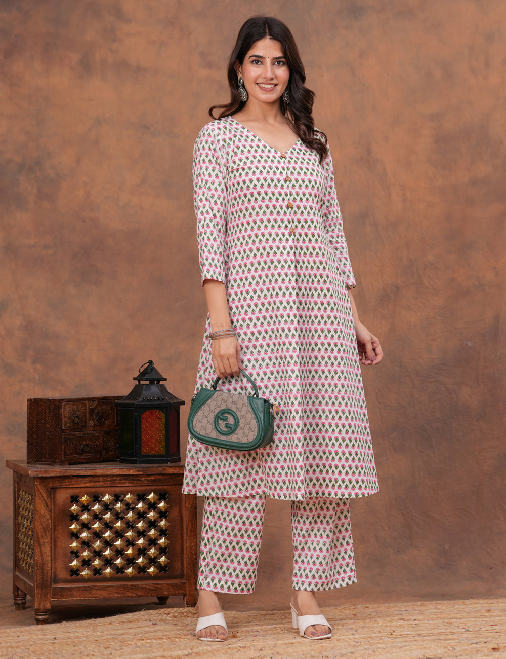 Floral buta motifs Hand-Block Printed A-Line Kurta Set - HL157