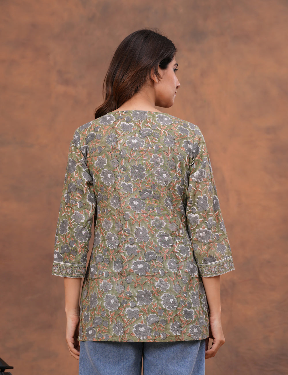 Olive Green Hand Block Print Cotton short Kurti (Top) - HL158