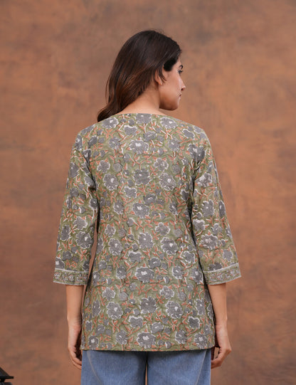 Olive Green Hand Block Print Cotton short Kurti (Top) - HL158