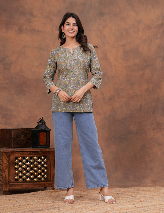 Olive Green Hand Block Print Cotton short Kurti (Top) - HL158