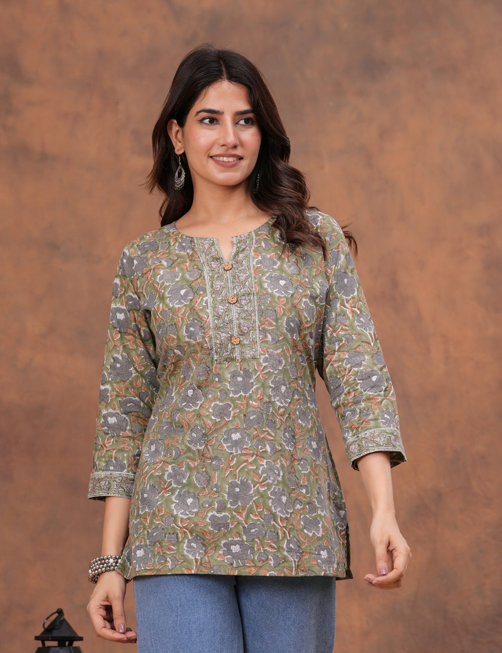 Olive Green Hand Block Print Cotton short Kurti (Top) - HL158