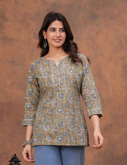 Olive Green Hand Block Print Cotton short Kurti (Top) - HL158
