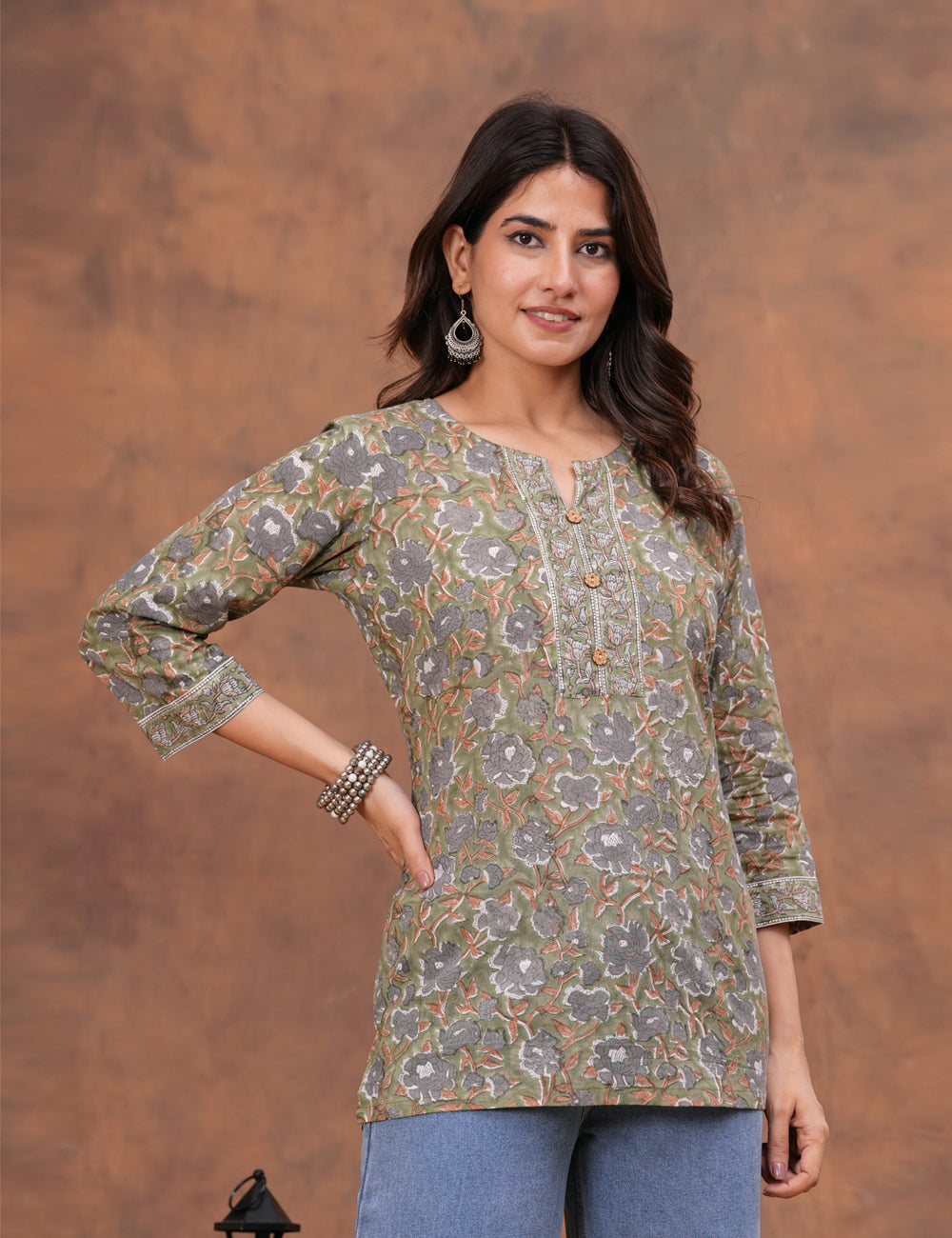 Olive Green Hand Block Print Cotton short Kurti (Top) - HL158