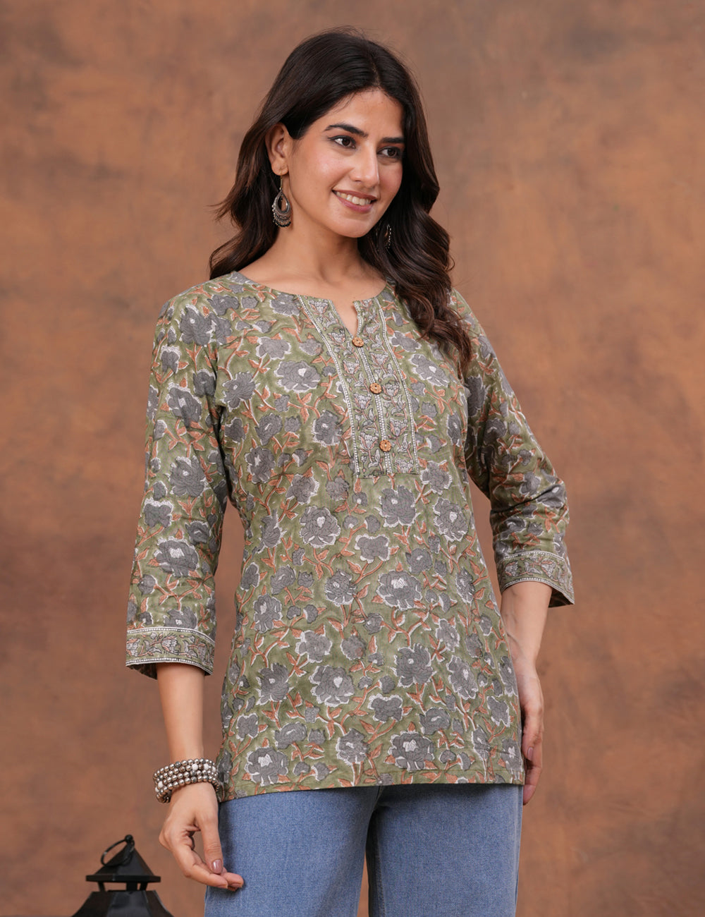 Olive Green Hand Block Print Cotton short Kurti (Top) - HL158