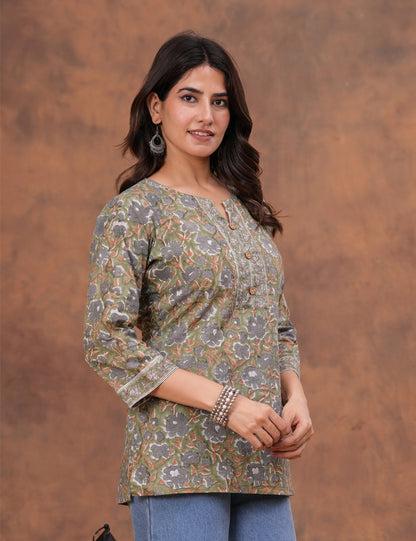 Olive Green Hand Block Print Cotton short Kurti (Top) - HL158