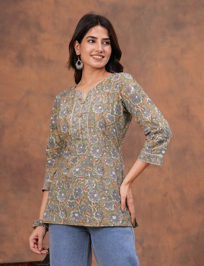 Olive Green Hand Block Print Cotton short Kurti (Top) - HL158