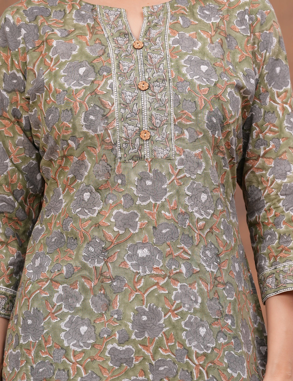 Olive Green Hand Block Print Cotton short Kurti (Top) - HL158