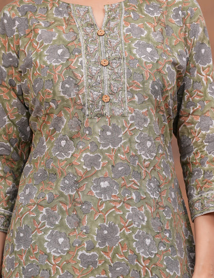 Olive Green Hand Block Print Cotton short Kurti (Top) - HL158