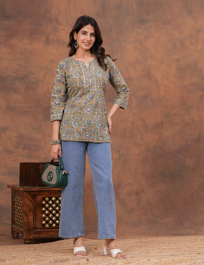 Olive Green Hand Block Print Cotton short Kurti (Top) - HL158