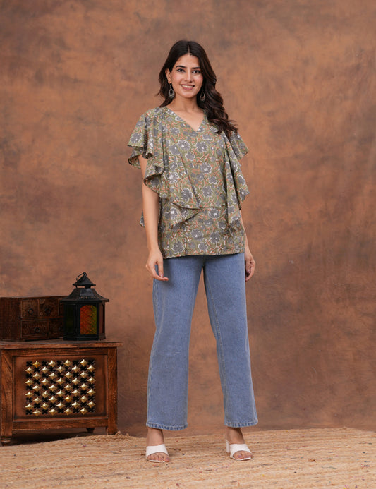Stylish and contemporary ruffle-layered Hand Block Print Cotton Top - HL159
