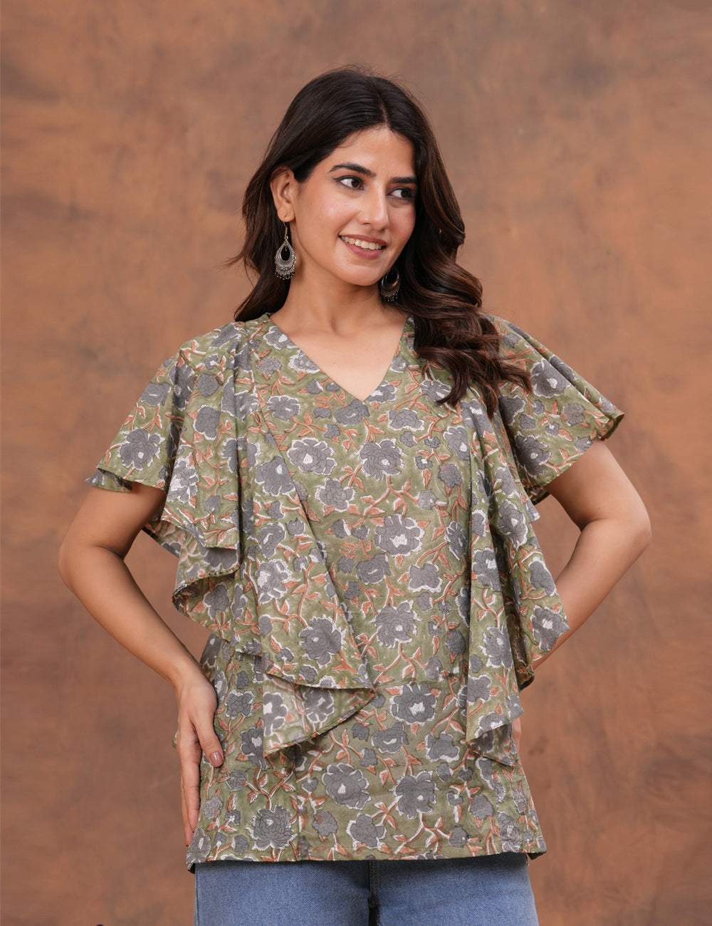 Stylish and contemporary ruffle-layered Hand Block Print Cotton Top - HL159