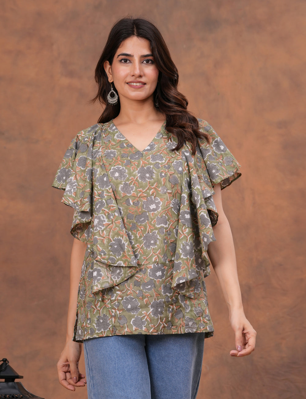Stylish and contemporary ruffle-layered Hand Block Print Cotton Top - HL159