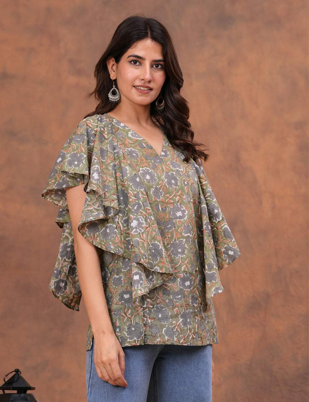 Stylish and contemporary ruffle-layered Hand Block Print Cotton Top - HL159