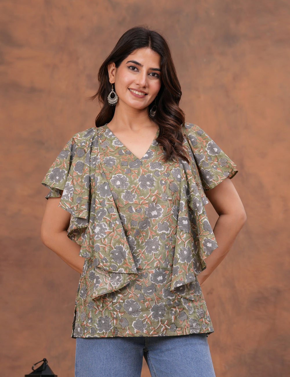 Stylish and contemporary ruffle-layered Hand Block Print Cotton Top - HL159