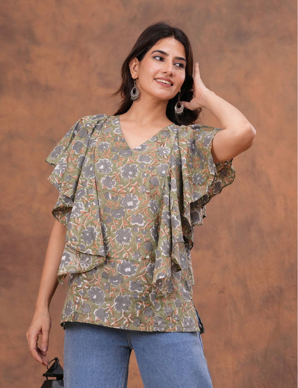 Stylish and contemporary ruffle-layered Hand Block Print Cotton Top - HL159
