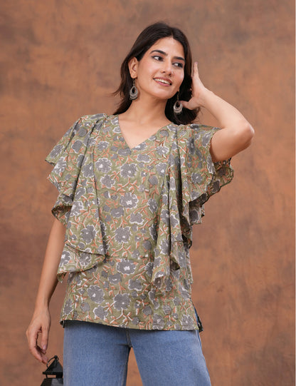 Stylish and contemporary ruffle-layered Hand Block Print Cotton Top - HL159