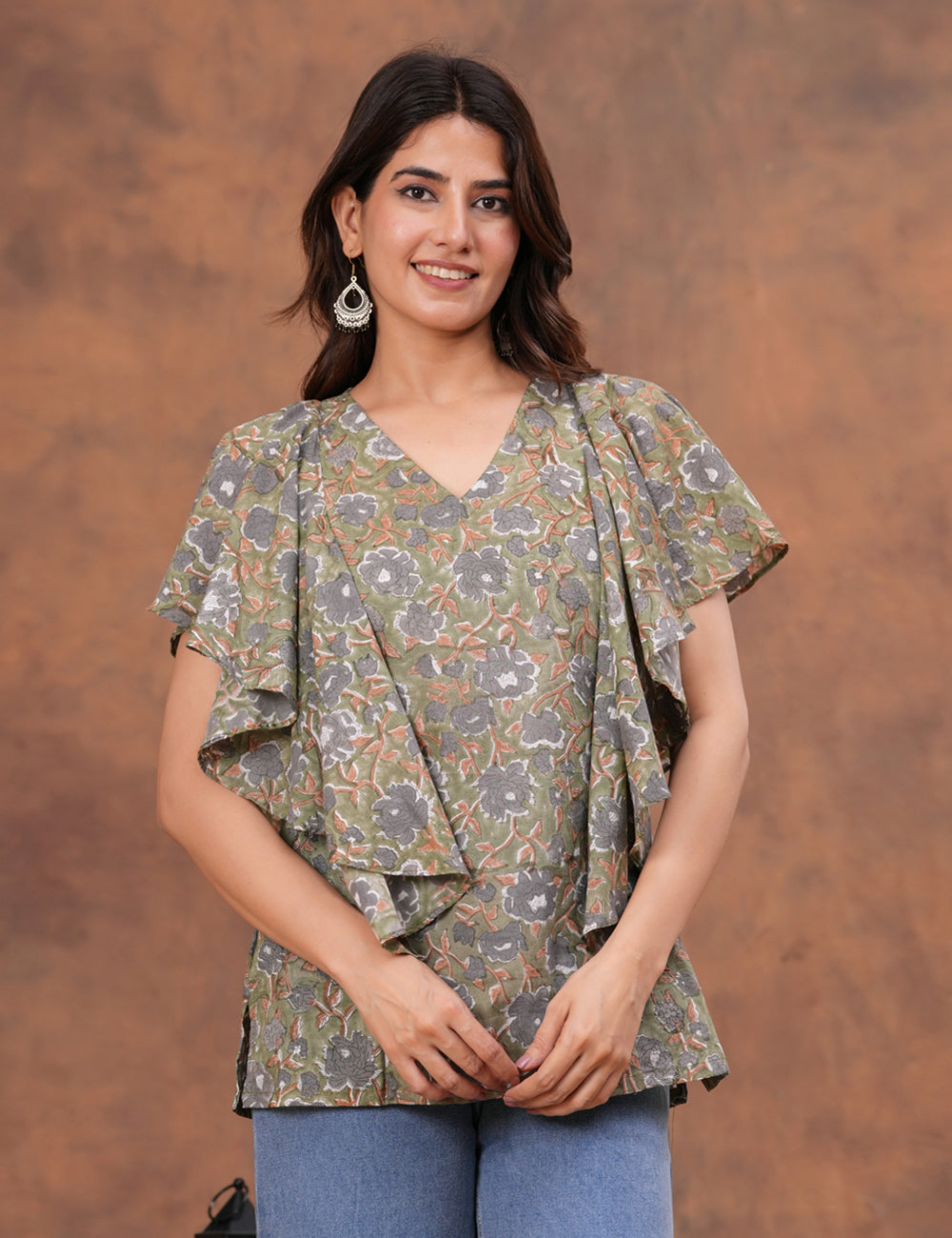 Stylish and contemporary ruffle-layered Hand Block Print Cotton Top - HL159