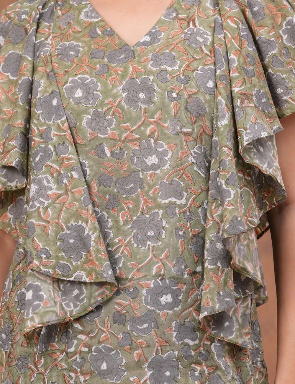 Stylish and contemporary ruffle-layered Hand Block Print Cotton Top - HL159