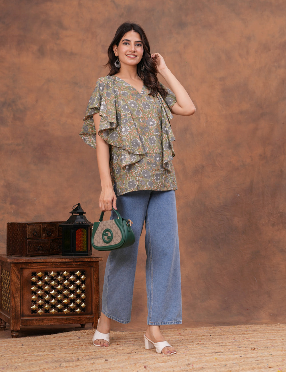 Stylish and contemporary ruffle-layered Hand Block Print Cotton Top - HL159
