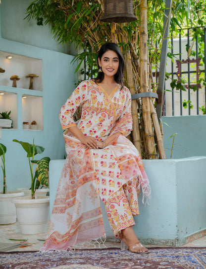 Hand Block Golder Flora Wrap Neckline Cotton Kurta Set with Kota Doria Dupatta - HL15