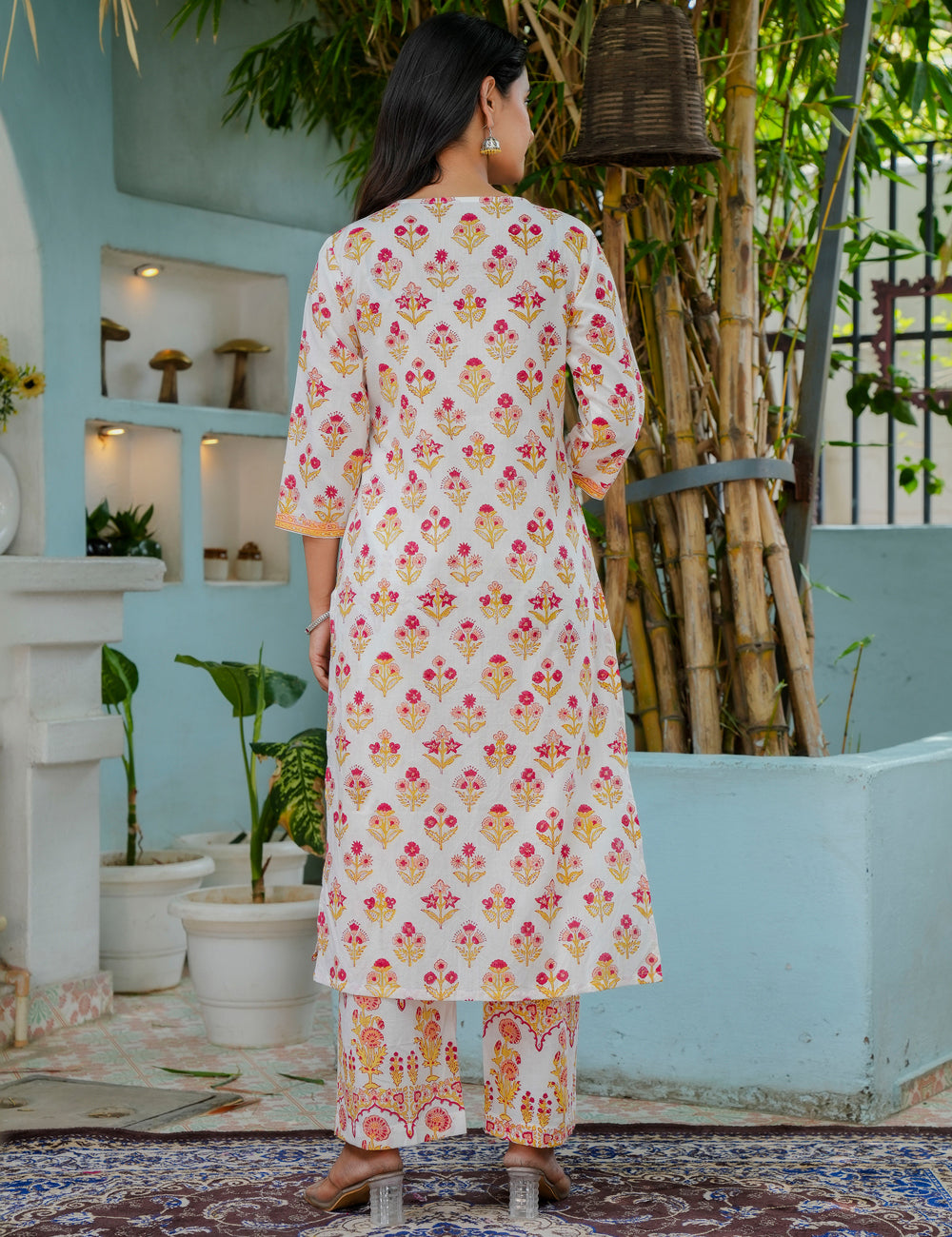 Hand Block Golder Flora Wrap Neckline Cotton Kurta Set with Kota Doria Dupatta - HL15