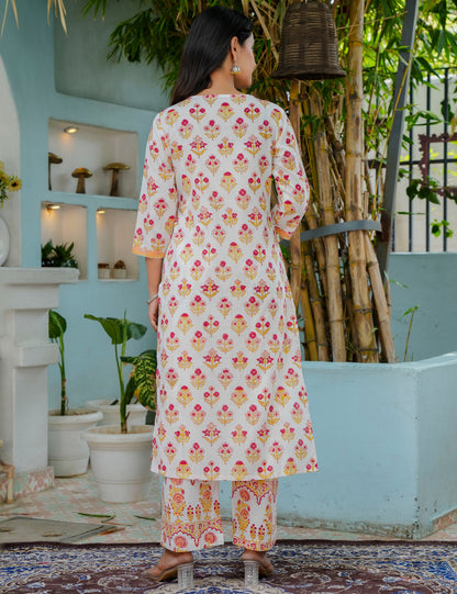 Hand Block Golder Flora Wrap Neckline Cotton Kurta Set with Kota Doria Dupatta - HL15