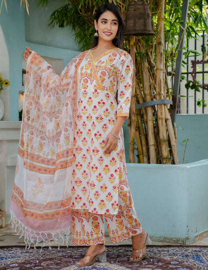 Hand Block Golder Flora Wrap Neckline Cotton Kurta Set with Kota Doria Dupatta - HL15