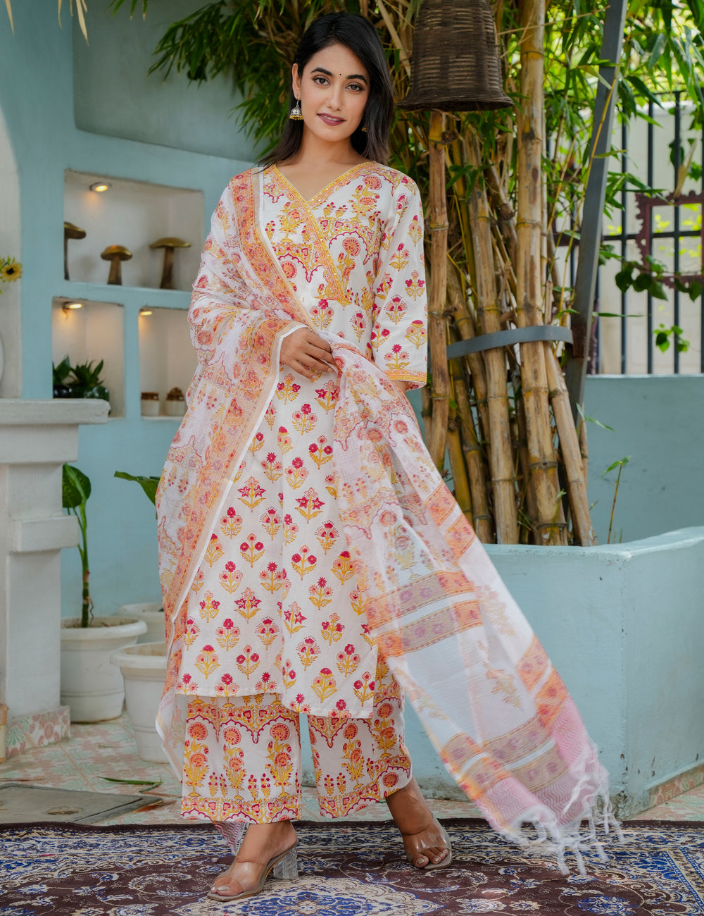Hand Block Golder Flora Wrap Neckline Cotton Kurta Set with Kota Doria Dupatta - HL15