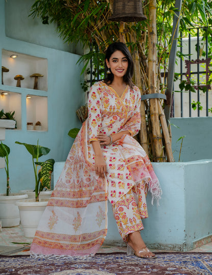 Hand Block Golder Flora Wrap Neckline Cotton Kurta Set with Kota Doria Dupatta - HL15