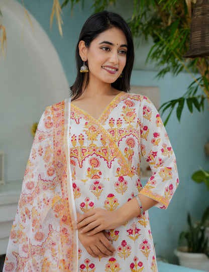 Hand Block Golder Flora Wrap Neckline Cotton Kurta Set with Kota Doria Dupatta - HL15
