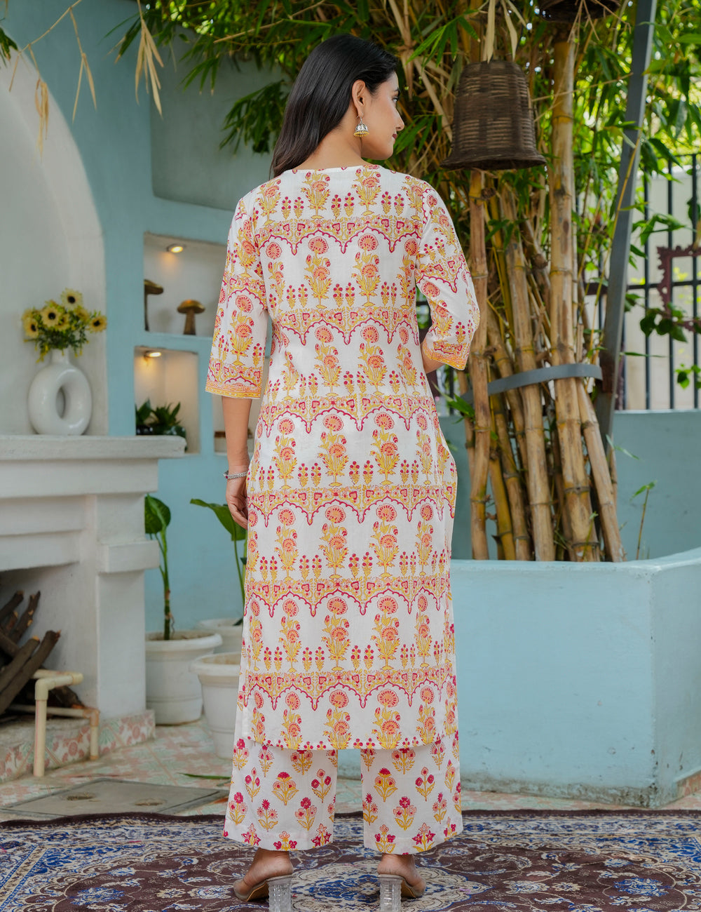 Hand Block Comfort V-Neck Traditional Floral Cotton Kurta Set with Kota Doria Dupatta - HL16