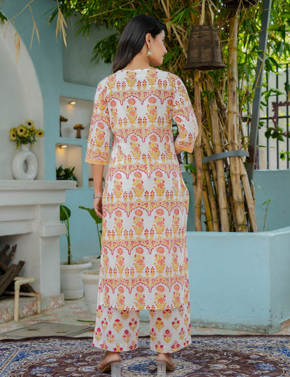 Hand Block Comfort V-Neck Traditional Floral Cotton Kurta Set with Kota Doria Dupatta - HL16