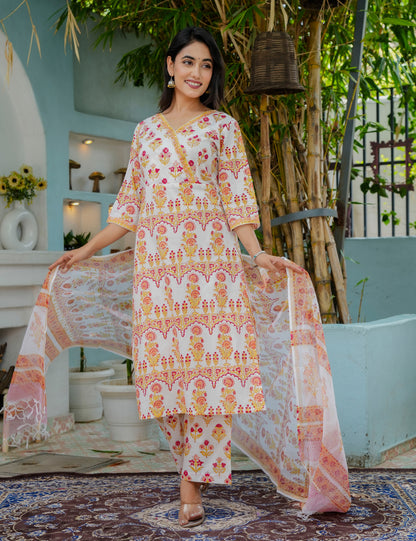 Hand Block Comfort V-Neck Traditional Floral Cotton Kurta Set with Kota Doria Dupatta - HL16