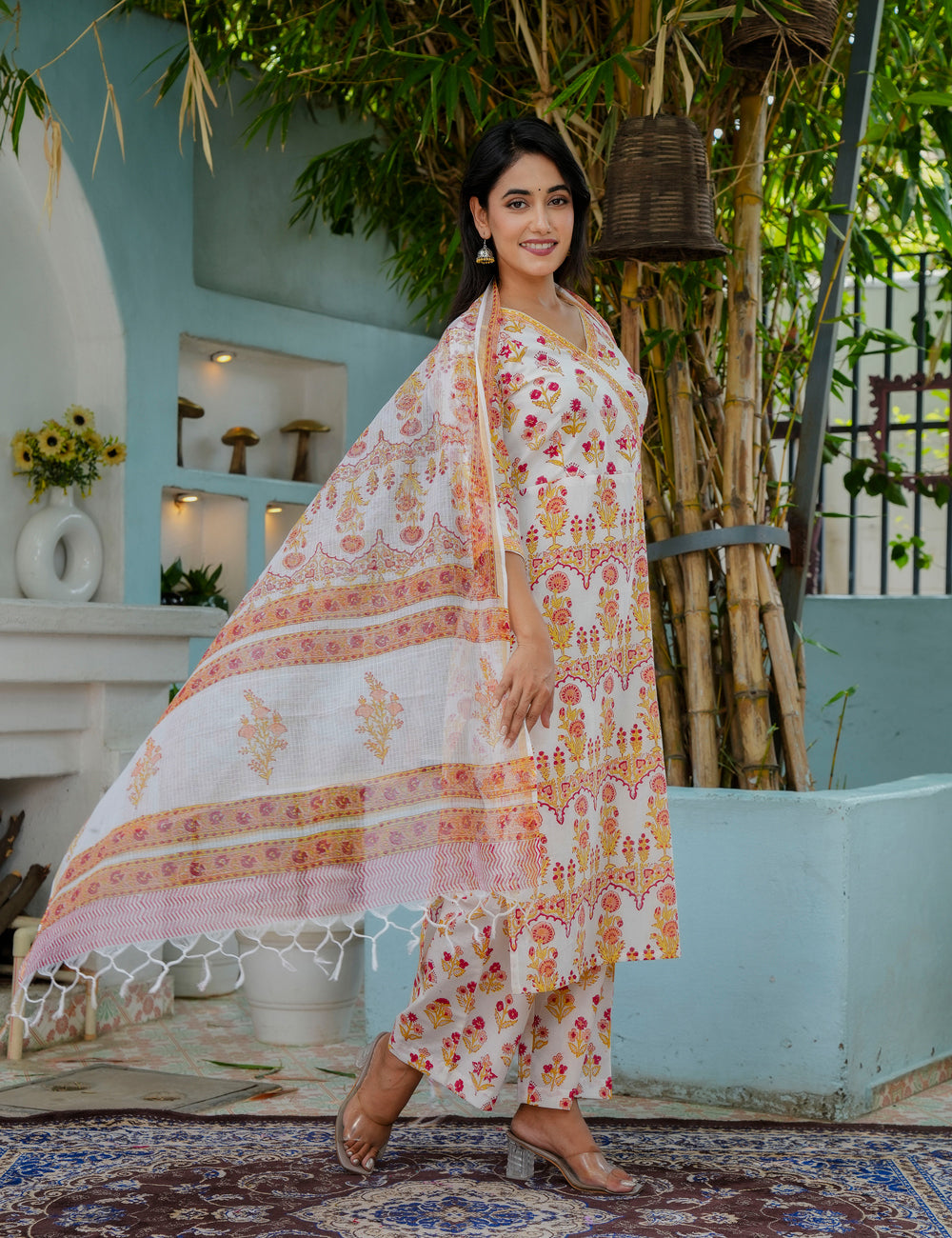 Hand Block Comfort V-Neck Traditional Floral Cotton Kurta Set with Kota Doria Dupatta - HL16