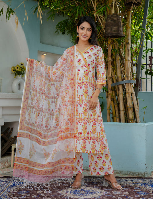 Hand Block Comfort V-Neck Traditional Floral Cotton Kurta Set with Kota Doria Dupatta - HL16