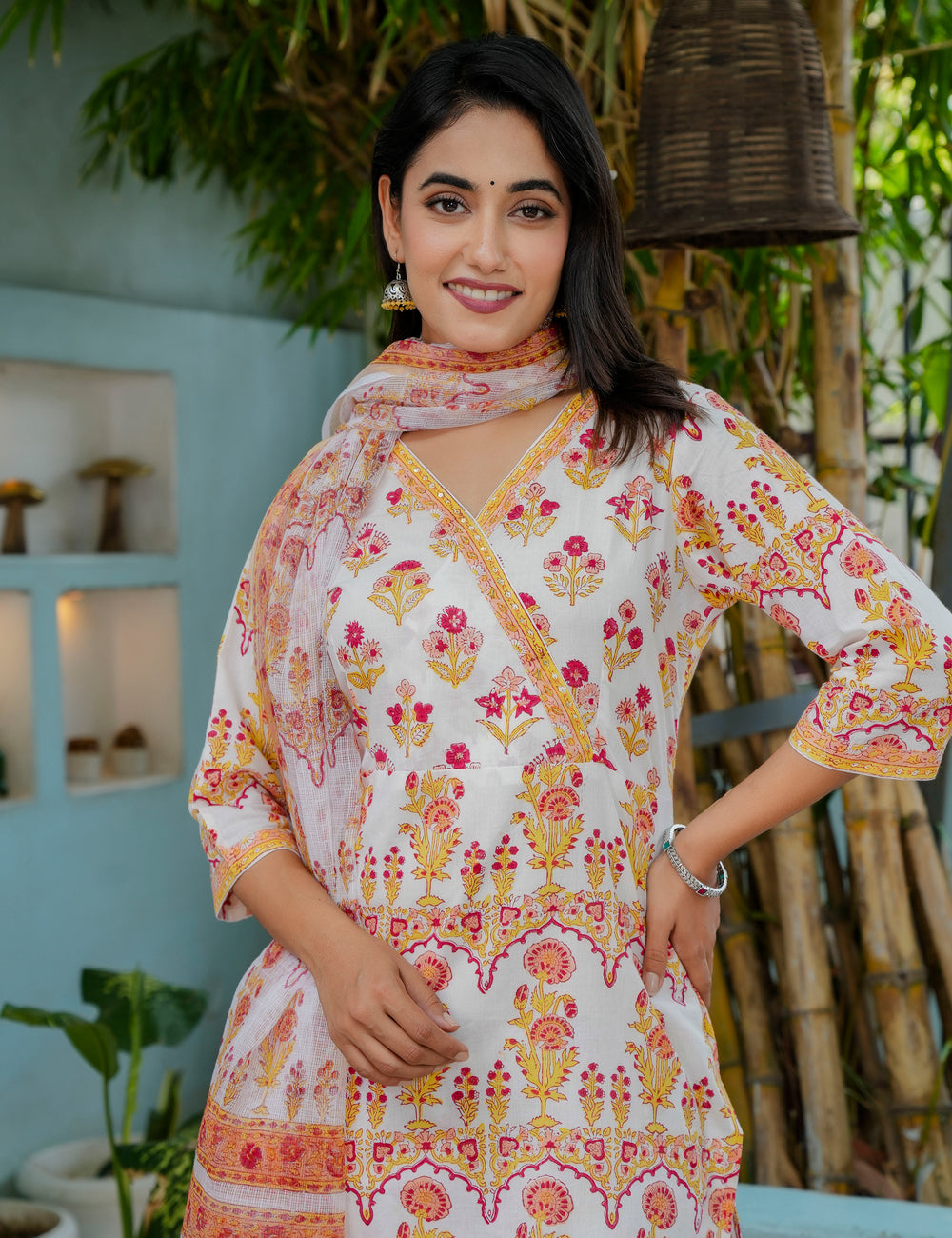 Hand Block Comfort V-Neck Traditional Floral Cotton Kurta Set with Kota Doria Dupatta - HL16