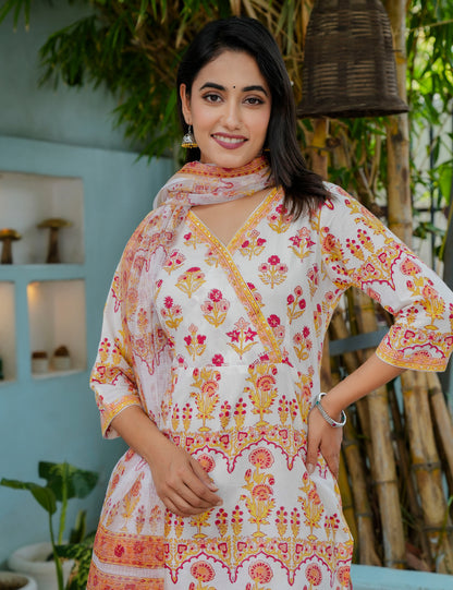 Hand Block Comfort V-Neck Traditional Floral Cotton Kurta Set with Kota Doria Dupatta - HL16