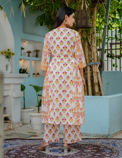 Hand Block Lightweight Pathani A-Line Kurta Set with Kota Doria Dupatta - HL17