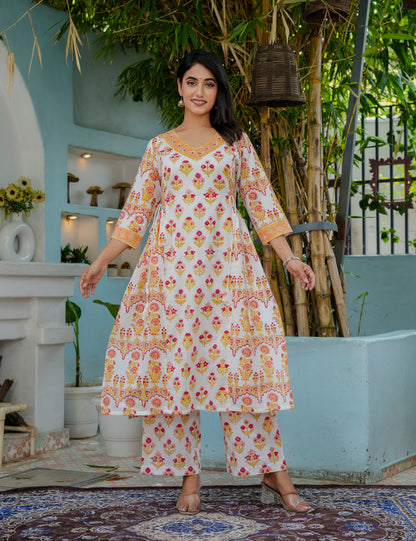 Hand Block Lightweight Pathani A-Line Kurta Set with Kota Doria Dupatta - HL17