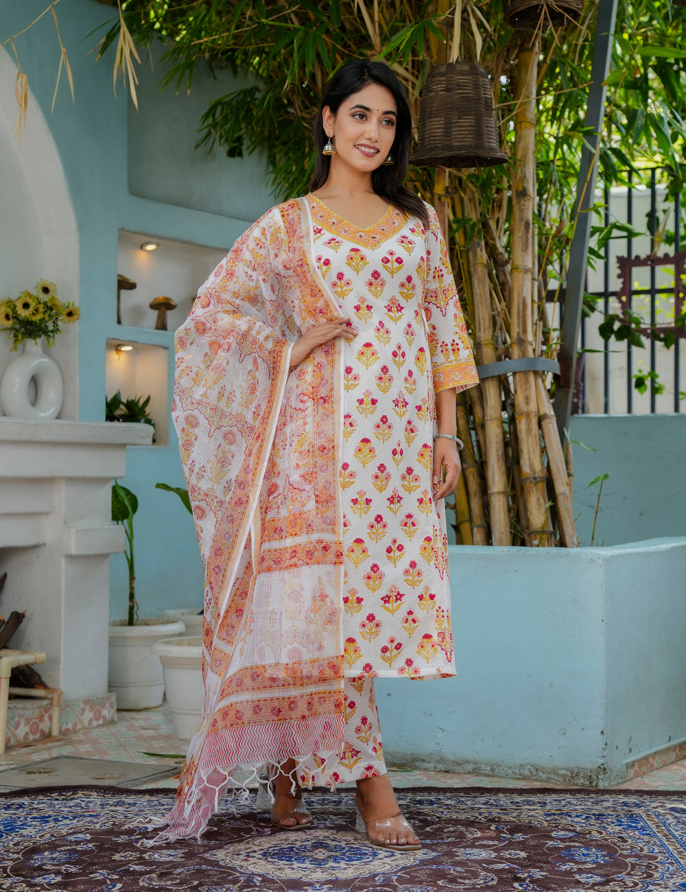 Hand Block Lightweight Pathani A-Line Kurta Set with Kota Doria Dupatta - HL17