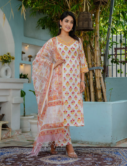 Hand Block Lightweight Pathani A-Line Kurta Set with Kota Doria Dupatta - HL17