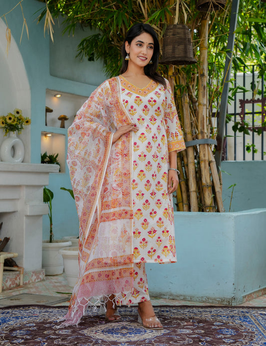 Hand Block Lightweight Pathani A-Line Kurta Set with Kota Doria Dupatta - HL17