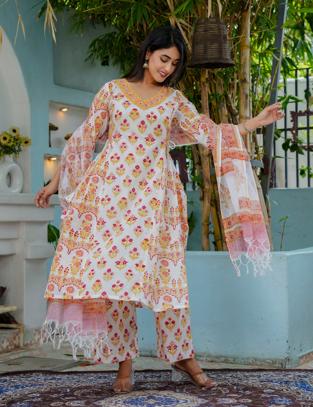 Hand Block Lightweight Pathani A-Line Kurta Set with Kota Doria Dupatta - HL17