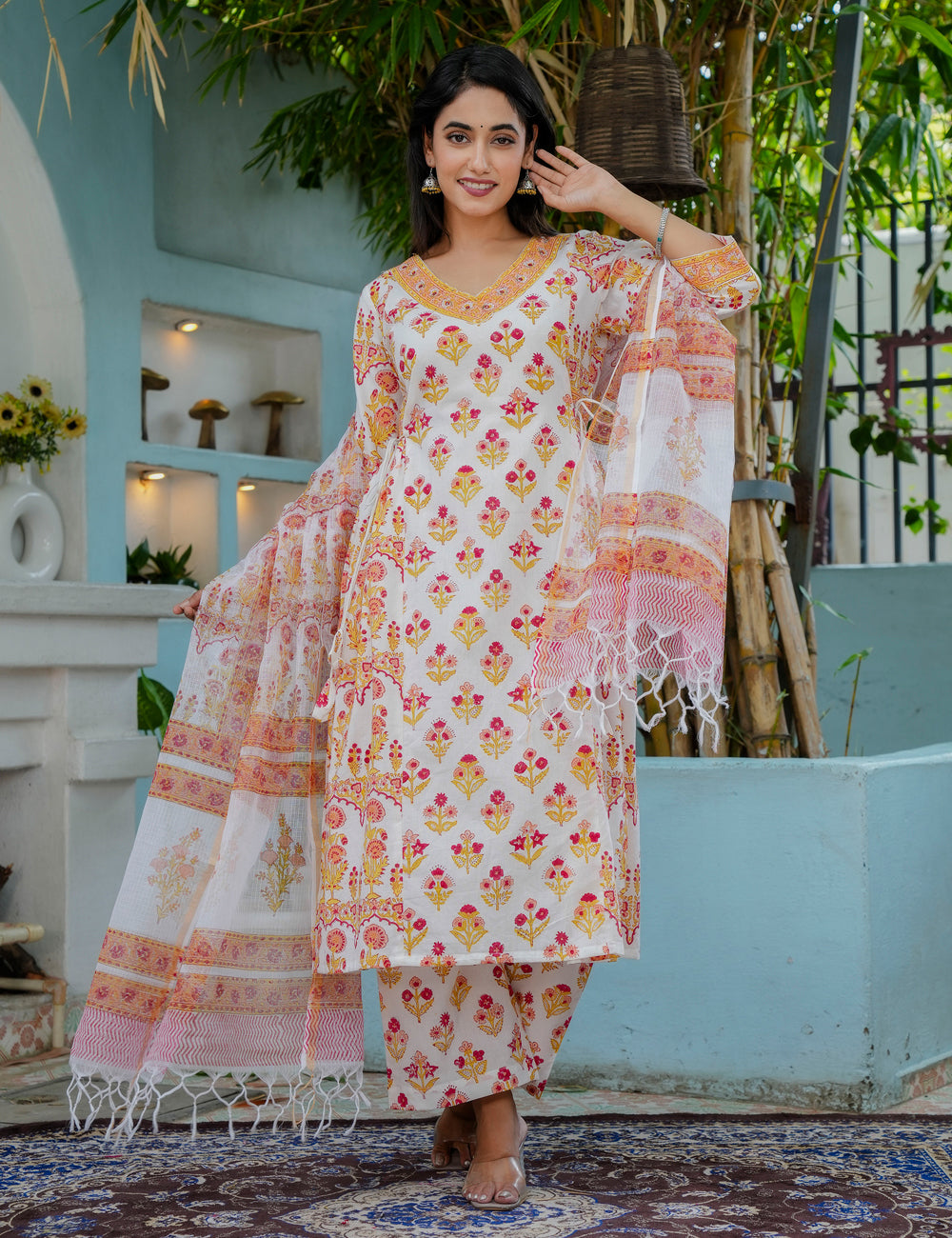 Hand Block Lightweight Pathani A-Line Kurta Set with Kota Doria Dupatta - HL17