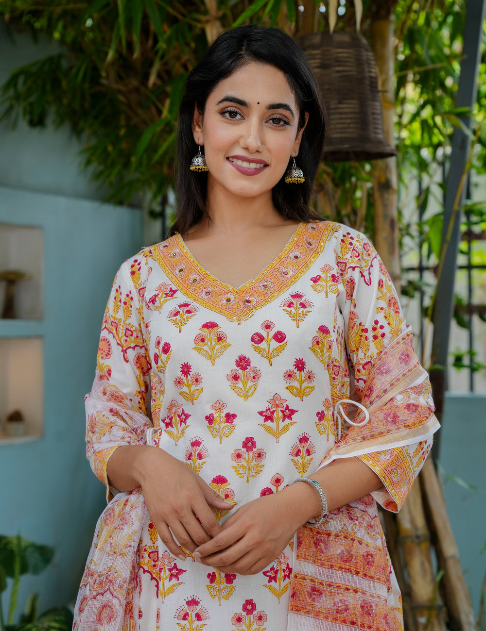 Hand Block Lightweight Pathani A-Line Kurta Set with Kota Doria Dupatta - HL17