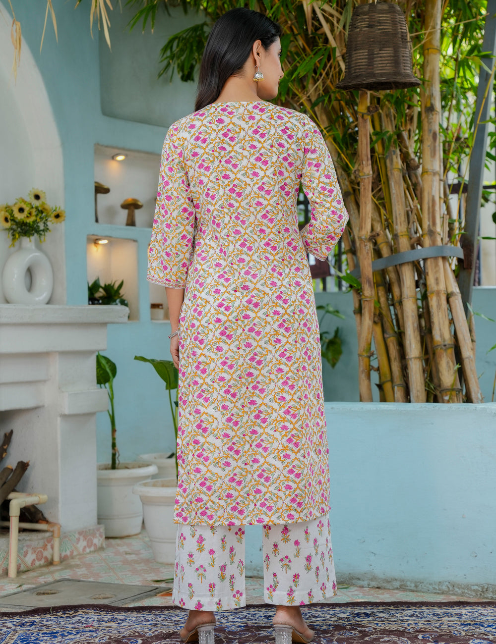 Hand Block Straight Kurta Set with with Kota Doria Dupatta - HL18