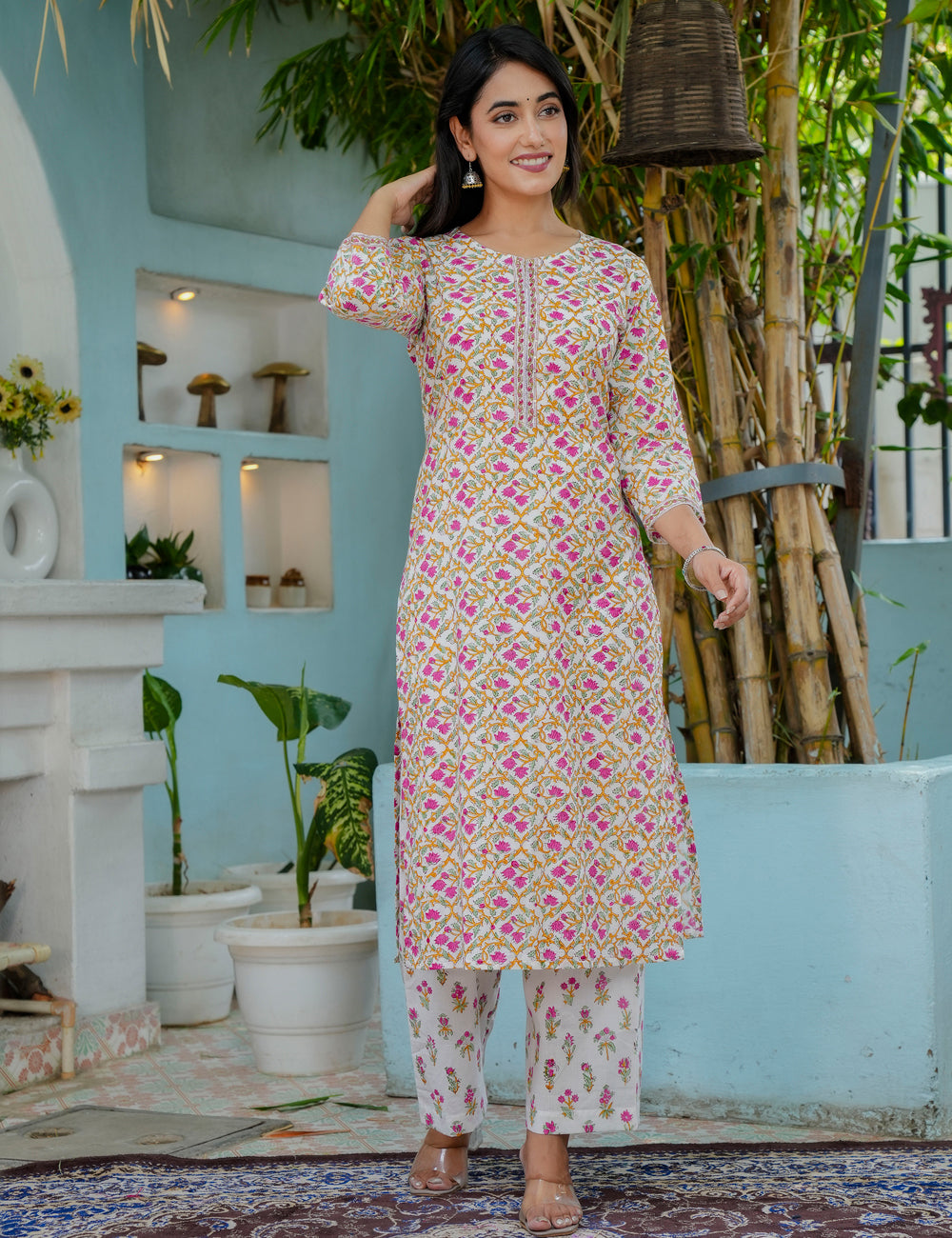 Hand Block Straight Kurta Set with with Kota Doria Dupatta - HL18