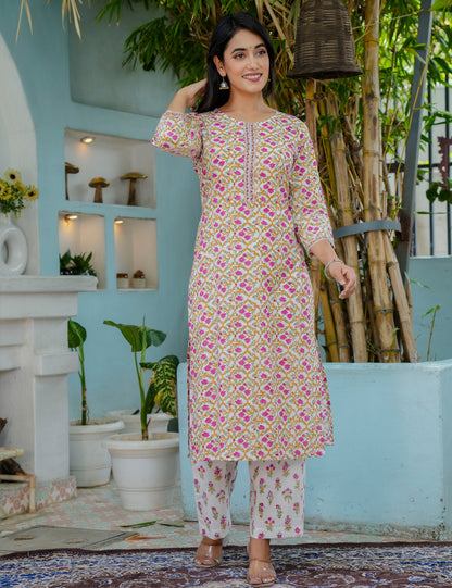 Hand Block Straight Kurta Set with with Kota Doria Dupatta - HL18