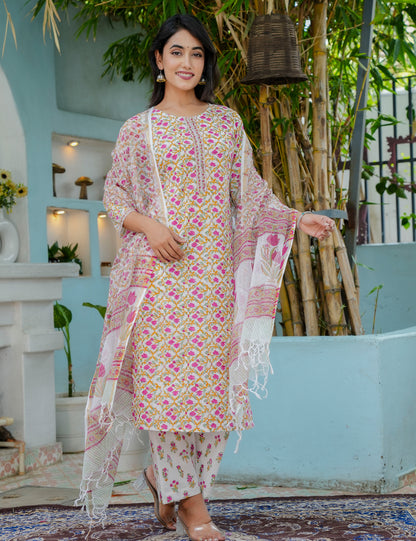 Hand Block Straight Kurta Set with with Kota Doria Dupatta - HL18